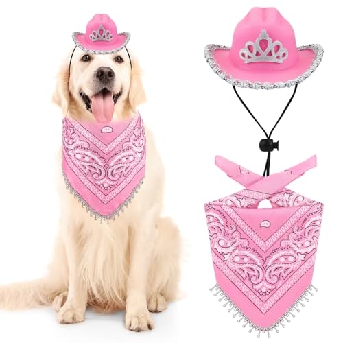 Sanwuta Cowboy-Kostüm für Haustiere, Halloween-Kostüme für Hunde und Katzen, rosa Cowboyhut und Bandana, West-Hunde-Zubehör für Welpen, Kätzchen, Party, Festival und den täglichen Gebrauch von Sanwuta