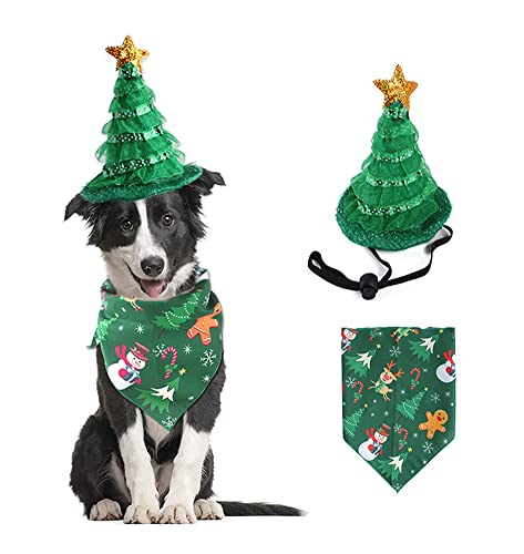 Haustier Weihnachts Set, Hut, Dreiecksschal, Anzug, Haustier Weihnachts schmuck, grüner Weihnachts Baum, Hund, lustige Kopfbedeckung, 2 Stück von Sarekung