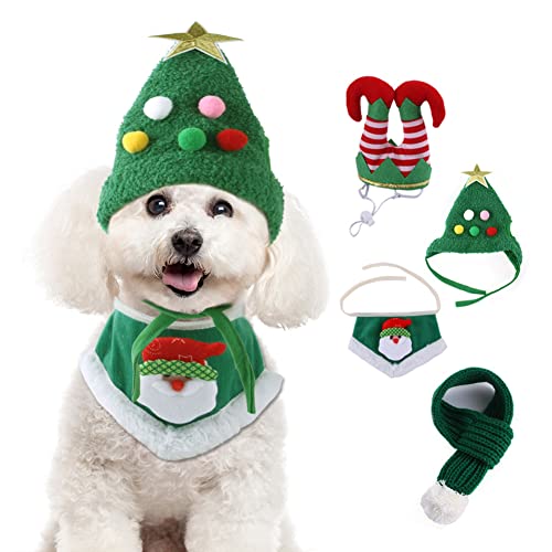 Sarekung Haustier Weihnachts kostüm Outfit Set, Weihnachts Hunde Clownmütze, Weihnachts schal, niedliche Handtuch Lätzchen für kleine Katzen, Hunde, grün, 4 Stück von Sarekung