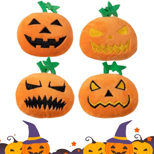 Satiskid Halloween-Kürbis-Plüschtier, quietschendes Spielzeug für Hund und Katze, Kürbis-förmiges Haustier-Sound-Spielzeug, Kürbis-Quietsch-Hundespielzeug, niedliche Halloween-Kürbis-Puppen, 4 Stück von Satiskid