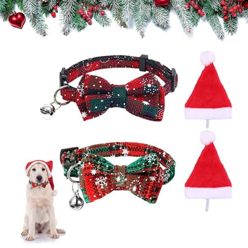 Satiskid Haustier-Weihnachtskostüm, 2 x Weihnachts-Hundehalsbänder und 2 x Haustier-Weihnachtsmütze, verstellbare, bequeme Fliege mit Glöckchen für Hunde, Katzen, kleine Katzen, Hunde, von Satiskid