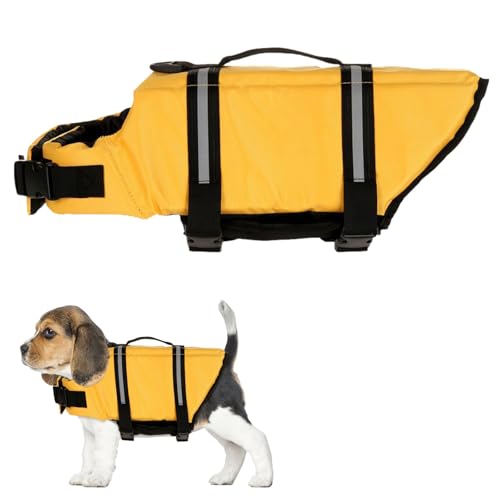 Satiskid Hunde Schwimmweste, Rettungsweste mit Auftrieb & Sicherheit für Kleine Hunde, XS, Mit Rettungsgriff & Reflektierenden Elementen für Wassersport und Strand (Gelb) von Satiskid