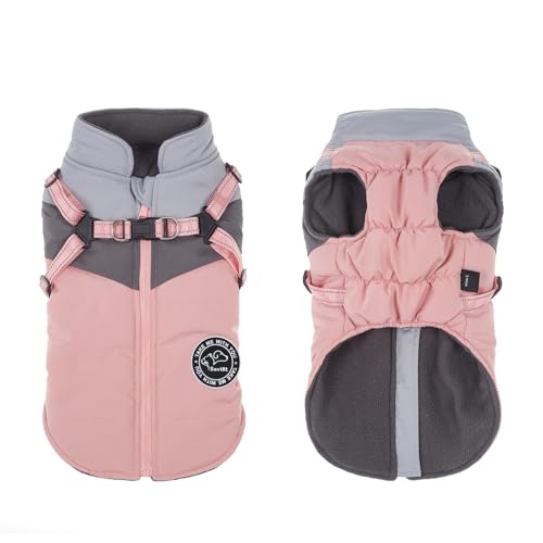 Savlot Hundejacken für den Winter Winddicht Wasserdicht 2 in 1 Outfit Kaltwettermantel Hundewestengeschirr Welpen Winter Warme Jacke Reflektierende Welpenjacke(XS, Pink + Grau) von Savlot