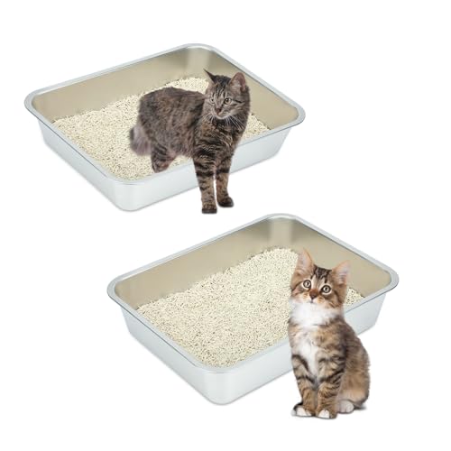 Sbayool 2PCS Katzenklo Große, Katzentoilette Edelstahl, Katzen Und Kaninchen Metall Klo, Antihaft Flecken Und Gerüche, Rostschutz, Einfach Zu Reinigen, 45 * 35 * 10cm von Sbayool