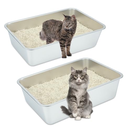 Sbayool 2PCS Katzenklo Große, Katzentoilette Edelstahl, Katzen Und Kaninchen Metall Klo, Antihaft Flecken Und Gerüche, Rostschutz, Einfach Zu Reinigen, 60 * 40 * 15cm von Sbayool