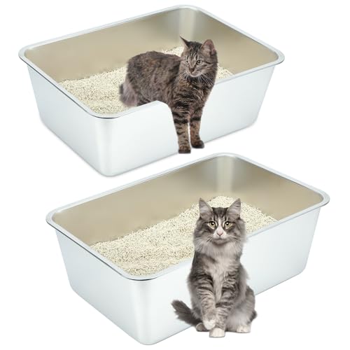 Sbayool 2PCS Katzenklo Große, Katzentoilette Edelstahl, Katzen Und Kaninchen Metall Klo, Antihaft Flecken Und Gerüche, Rostschutz, Einfach Zu Reinigen, 60 * 40 * 20cm von Sbayool