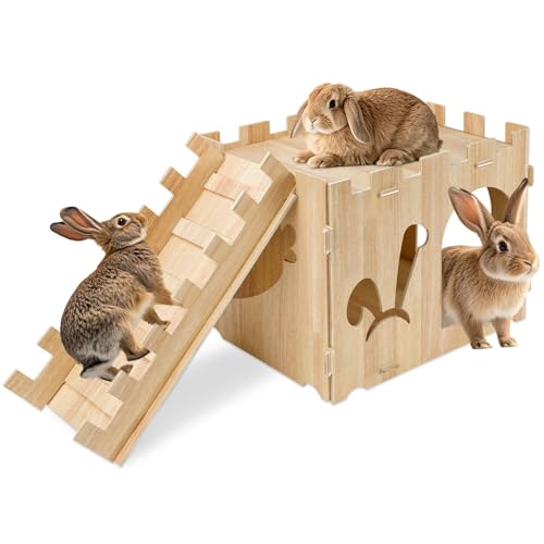 Sbayool Großes Kaninchenschloss aus Holz mit Rampe, abnehmbares Kaninchenhaus, für den Innenbereich, Kleintierhäuser und Lebensräume für Erwachsene, Kaninchen, Meerschweinchen, Chinchilla, Versteck von Sbayool