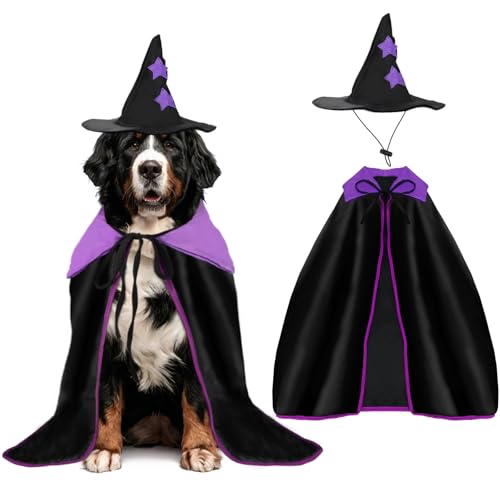 Sbayool Halloween-Kostüm für Hunde, Zauberer-Kostüm, Umhang mit verstellbarem Hexenhut für große Hunde, Halloween-Party und Haustier-Cosplay-Zubehör (XL) von Sbayool