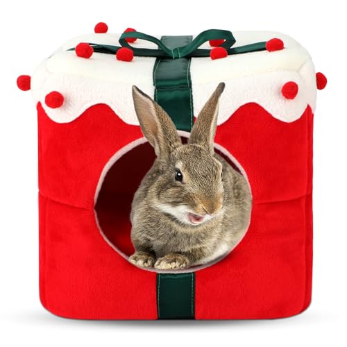 Sbayool Weihnachtliches Kaninchenbett, 3-in-1, warmes, gemütliches Kaninchen-Versteck, Weihnachtsgeschenk für Meerschweinchen, Chinchillas, Frettchen, Igel und andere kleine Tiere, 30 x 30 x 30 cm von Sbayool