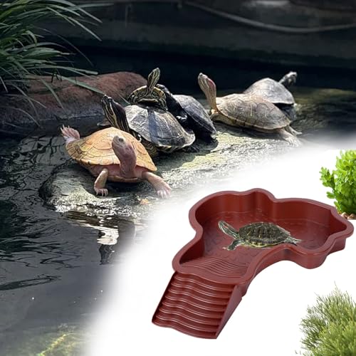 Sbyhbhyds Reptilien Badebecken Schildkröten Futternapf Teller, extragroß Wassertopf mit Rampe Lebensraum für Schildkröten, Landschafts Aquarium Ornament für Geckos, bärtiges (Dark Brown) von Sbyhbhyds