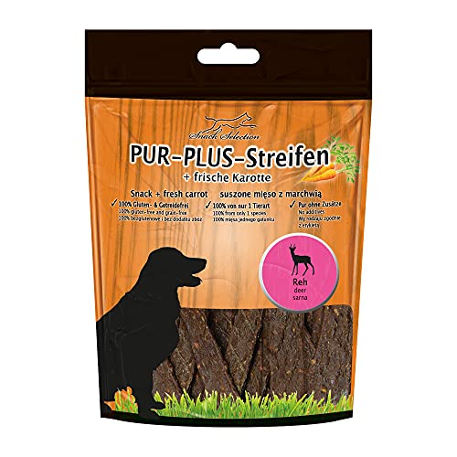 PUR Plus 1 x 100g Kaustreifen Reh + Karotte 100% glutenfrei getreidefrei Ohne weitere Zutaten, frei von irgendwelchen Zusätzen ideal für empfindliche Hunde und Allergiker von nur 1 einzigen Tierart von Schecker