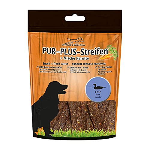 PUR Plus Kaustreifen Ente + Karotte 100% glutenfrei getreidefrei 1x 100g Ohne weitere Zutaten, frei von irgendwelchen Zusätzen ideal für empfindliche Hunde und Allergiker von nur 1 einzigen Tierart von Schecker