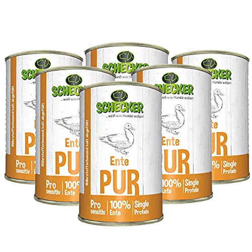 Schecker - 100% Ente PUR - Nassfutter für Hunde - 6 x 410 g- getreidefrei - Dosenfutter - Hundefutter von Schecker