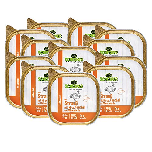 Schecker 12 x 200g Hundemenü Strauß mit Hirse Fenchel und Mineralerde Glutenfrei 75% Strauß Pro Sensitiv von Schecker