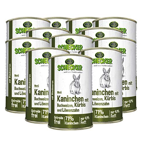 Schecker Nassfutter - Hundemenü mit 71% Kaninchen - Buchweizen - Kürbis - getreidefrei - nur 4,8% Fett 12 x 410 g von Schecker