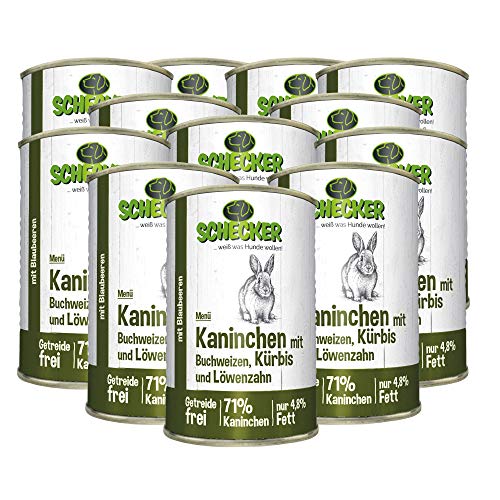 Schecker Nassfutter - Hundemenü mit 71% Kaninchen - Buchweizen - Kürbis - getreidefrei - nur 4,8% Fett 12 x 410 g von Schecker