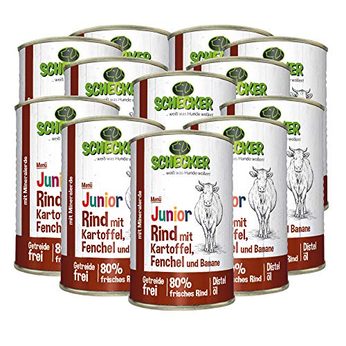 Schecker Nassfutter - Hundemenü Junior Rind mit Kartoffel, Fenchel und Banane - 12 x 410 g - Welpenfutter - 80% frisches Rind von Schecker