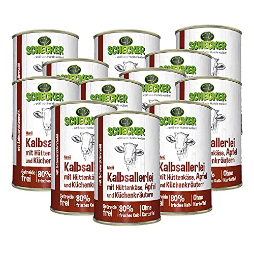 Schecker Nassfutter - Hundemenü vom Kalb mit Hüttenkäse, Apfel und Kräutern - getreidefrei - mit Schwarzkümmelöl - 12 x 410 g von Schecker