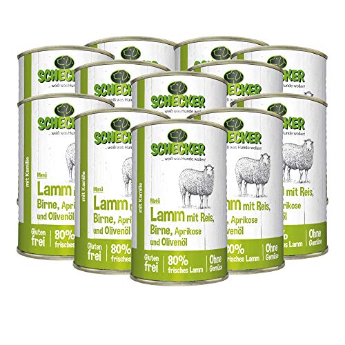 Schecker Nassfutter - Hundemenü - mit 80% Lamm mit Reis - 12 x 410 g Kamille - glutenfrei von Schecker