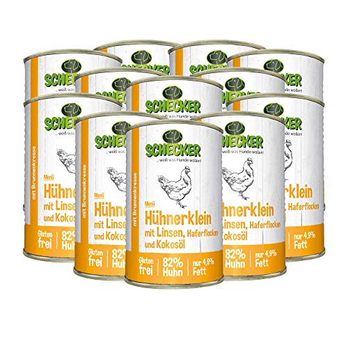 Schecker Nassfutter für den Hund - Hundemenü Hühnerklein mit Linsen und Kokosöl - 12 x 410 g - mit 82% Huhn - Diätfutter - nur 4,9% Fett von Schecker