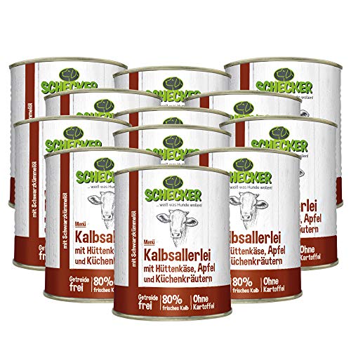 Schecker Nassfutter - Hundemenü vom Kalb mit Hüttenkäse, Apfel und Kräutern - getreidefrei - mit Schwarzkümmelöl - 12 x 820 g von Schecker