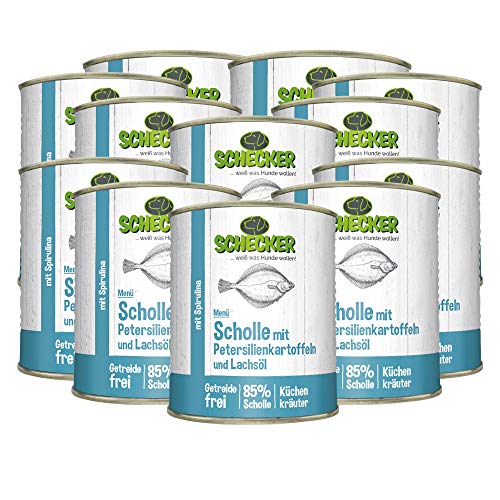 Schecker Nassfutter für Hunde - Hundemenü Scholle mit Lachsöl - 12 x 820 g - 85% Scholle - getreidefrei - Spirulina Schecker Nassfutter für Hunde - Hundemenü Scholle mit Lachsöl - 12 x 820 g - 85% Scholle - getreidefrei - Spirulina von Schecker