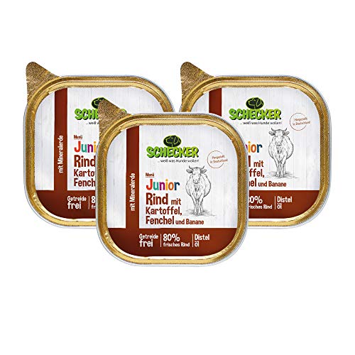 Schecker Nassfutter - Hundemenü Junior Rind mit Kartoffel, Fenchel und Banane - 3 x 200g - Welpenfutter - 80% frisches Rind von Schecker