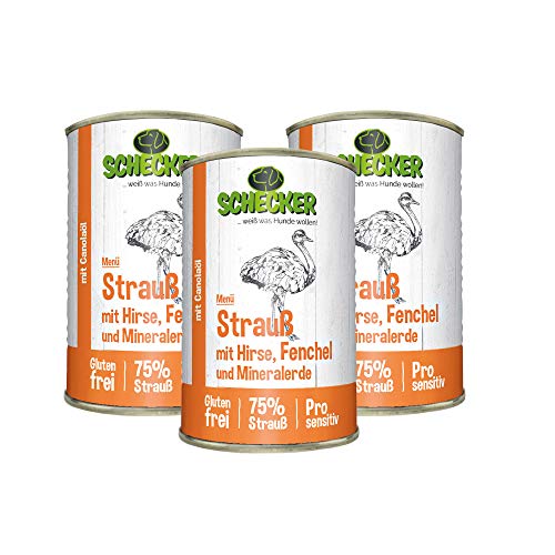 Schecker 3 x 410g Hundemenü Strauß mit Hirse Fenchel und Mineralerde Glutenfrei 75% Strauß Pro Sensitiv von Schecker