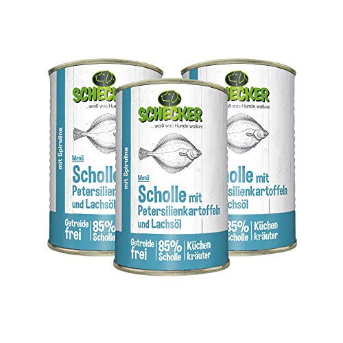 Schecker 3 x 410g Hundemenü mit 85% Scholle mit Petersilienkartoffeln und Lachsöl mit Spirulina Getreidefrei von Schecker