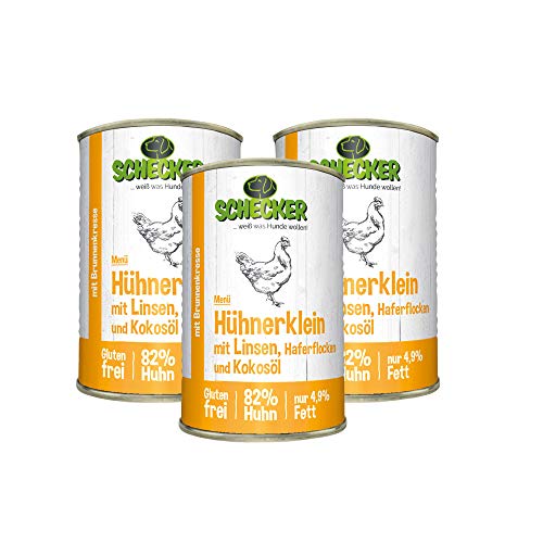 Schecker Nassfutter für den Hund - Hundemenü Hühnerklein mit Linsen und Kokosöl - 3 x 410 g - mit 82% Huhn - Diätfutter - nur 4,9% Fett von Schecker