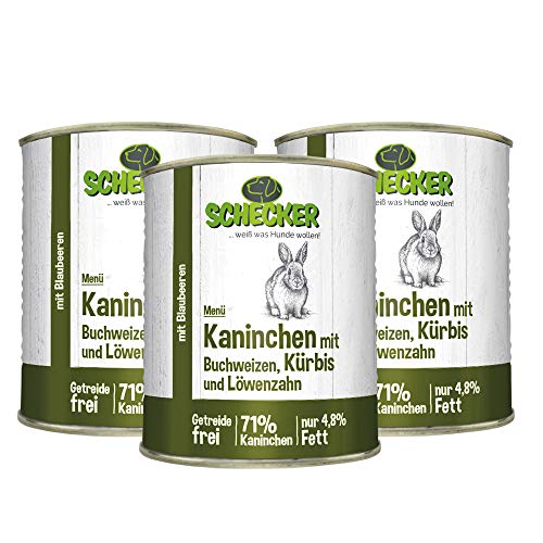 Schecker Nassfutter - Hundemenü mit (71%) Kaninchen - Buchweizen - Kürbis -getreidefrei - nur 4,8% Fett 3 x 820 g von Schecker