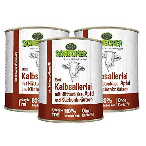 Schecker Nassfutter - Hundemenü vom Kalb mit Hüttenkäse, Apfel und Kräutern - getreidefrei - mit Schwarzkümmelöl 3 x 820 g von Schecker