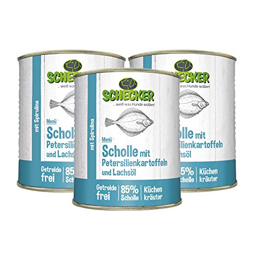 Schecker Nassfutter für Hunde - Hundemenü Scholle mit Lachsöl - 3 x 820 g - 85% Scholle - getreidefrei - Spirulina von Schecker