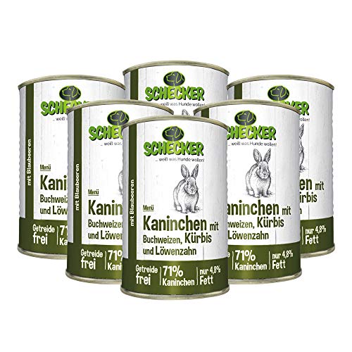 Schecker Nassfutter - Hundemenü mit (71%) Kaninchen - Buchweizen - Kürbis - getreidefrei - nur 4,8% Fett 6 x 410 g von Schecker