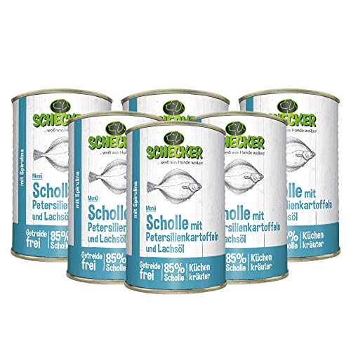 Schecker Nassfutter für Hunde - Hundemenü Scholle mit Lachsöl - 6 x 410 g - 85% Scholle - getreidefrei - Spirulina von Schecker