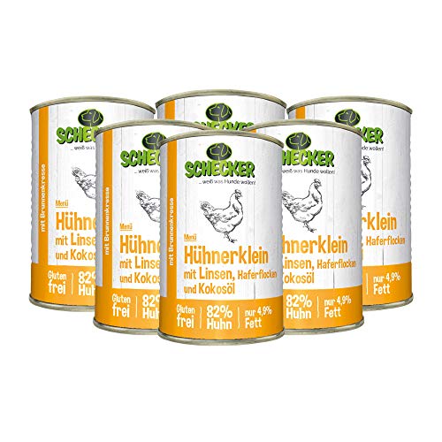 Schecker Nassfutter für den Hund - Hundemenü Hühnerklein mit Linsen und Kokosöl - 6 x 410 g - mit 82% Huhn - Diätfutter - nur 4,9% Fett von Schecker
