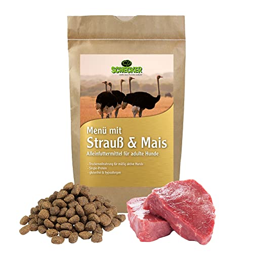 Hypoallergenes Hundefutter glutenfrei mit Strauß – Single-Protein Trockenfutter für ausgewachsene Hunde – leicht verdaulich, ohne Weizen & Soja – Menü mit Reis & Mais, 8,5 % Fett, 24 kg von Schecker
