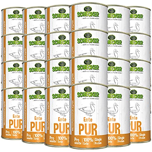 Schecker - Ente PUR - Nassfutter für Hunde - 24 x 410 g - getreidefrei - Dosenfutter - Hundefutter von Schecker