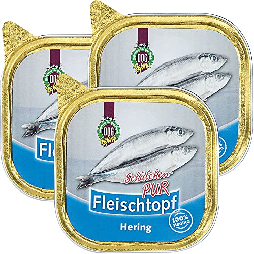 Schecker Nassfutter für Hunde - 100% nur Hering - Fleischtopf Schälchen PUR - 3 x 200 g - getreidefrei - gewolft und ohne weitere Zutaten von Schecker