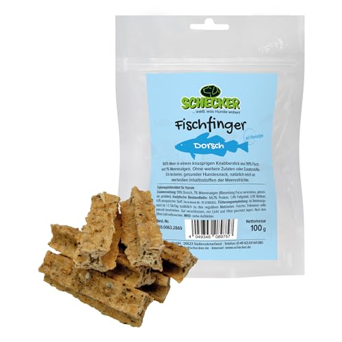 Schecker Hundesnack - Fischfinger Dorsch - 100 g - Dörrfisch aus 99% Fisch und 1% Meeresalgen von Schecker
