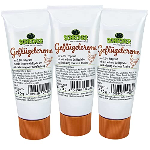 Schecker Geflügelcreme 3 x 75 g mit viel leckerer Geflügelleber als Belohnung oder beim Training für Ihr Tier von Schecker