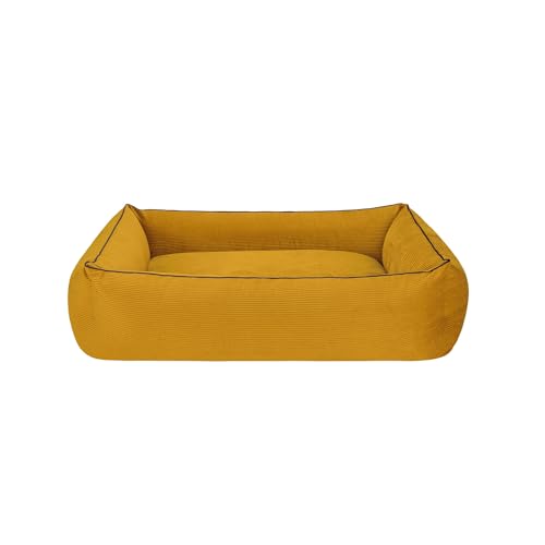 Schecker Hundebett Harlesiel - spezieller Anti-Slip Boden - Bezug waschbar - komfortabel Senfgelb/Dunkelblau - 90 x 70 cm von Schecker