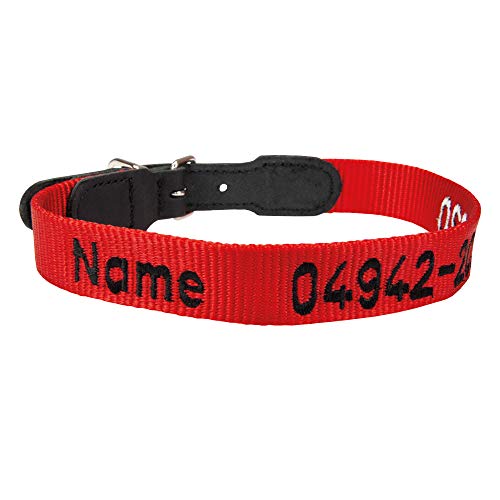 Schecker Hundehalsband Hunde Halsweite von 34-38 cm Halsband Rot mit gesticketen Namen und Telefonnummer Besticktes Halsband ideal auch für den Urlaub von Schecker