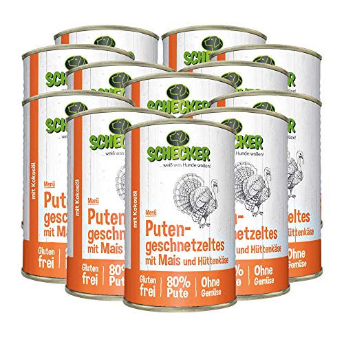 Schecker Nassfutter für Hunde - Hundemenü - Putengeschnetzeltes mit Mais und Hüttenkäse - 12 x 410 g - glutenfrei - 80% Pute von Schecker