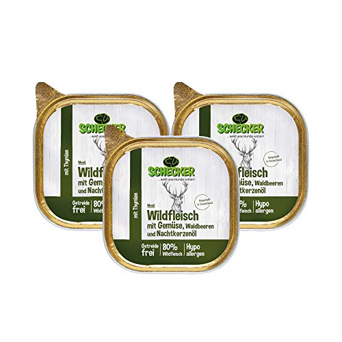 Schecker Nassfutter - Hundemenü Wildfleisch mit Gemüse, Waldbeeren - 3 x 200 g - getreidefrei - hypoallergen - 80% Wildfleisch von Schecker