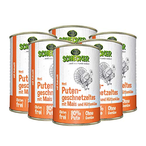 Schecker Nassfutter für Hunde - Hundemenü - Putengeschnetzeltes mit Mais und Hüttenkäse - 4 x 410 - glutenfrei - 80% Pute von Schecker
