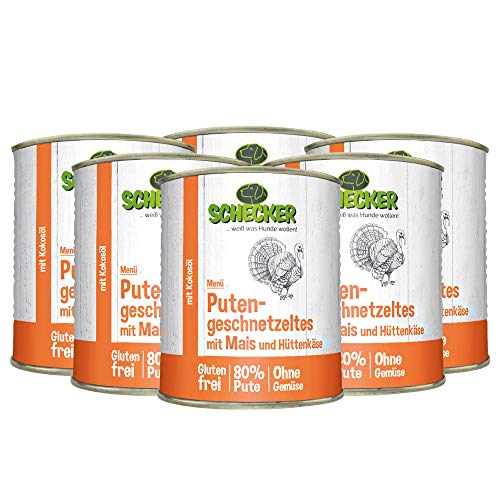 Schecker Nassfutter für Hunde - Hundemenü - Putengeschnetzeltes mit Mais und Hüttenkäse - 6 x 820g - glutenfrei - 80% Pute Schecker Nassfutter für Hunde - Hundemenü - Putengeschnetzeltes mit Mais und Hüttenkäse - 6 x 820g - glutenfrei - 80% Pute von Schecker
