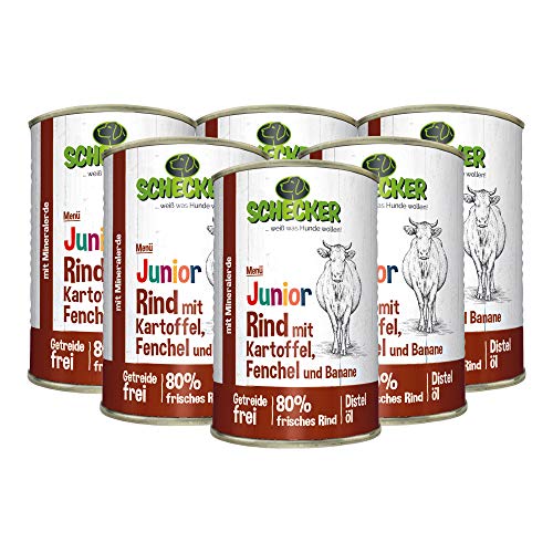 Schecker Nassfutter - Hundemenü Junior Rind mit Kartoffel, Fenchel und Banane - 6 x 410 g - Welpenfutter - 80% frisches Rind von Schecker