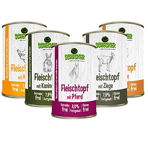 Schecker Nassfutter - Fleischtopf 5er Testpaket - 5 x 410 g - getreidefrei Fleischersatzstoffe Schecker Nassfutter - Fleischtopf 5er Testpaket - 5 x 410 g - getreidefrei Fleischersatzstoffe von Schecker