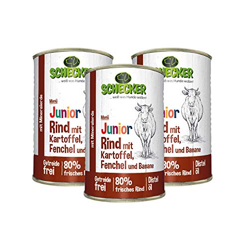 Schecker Nassfutter - Hundemenü Junior Rind mit Kartoffel, Fenchel und Banane - 3 x 410 g - Welpenfutter - 80% frisches Rind von Schecker